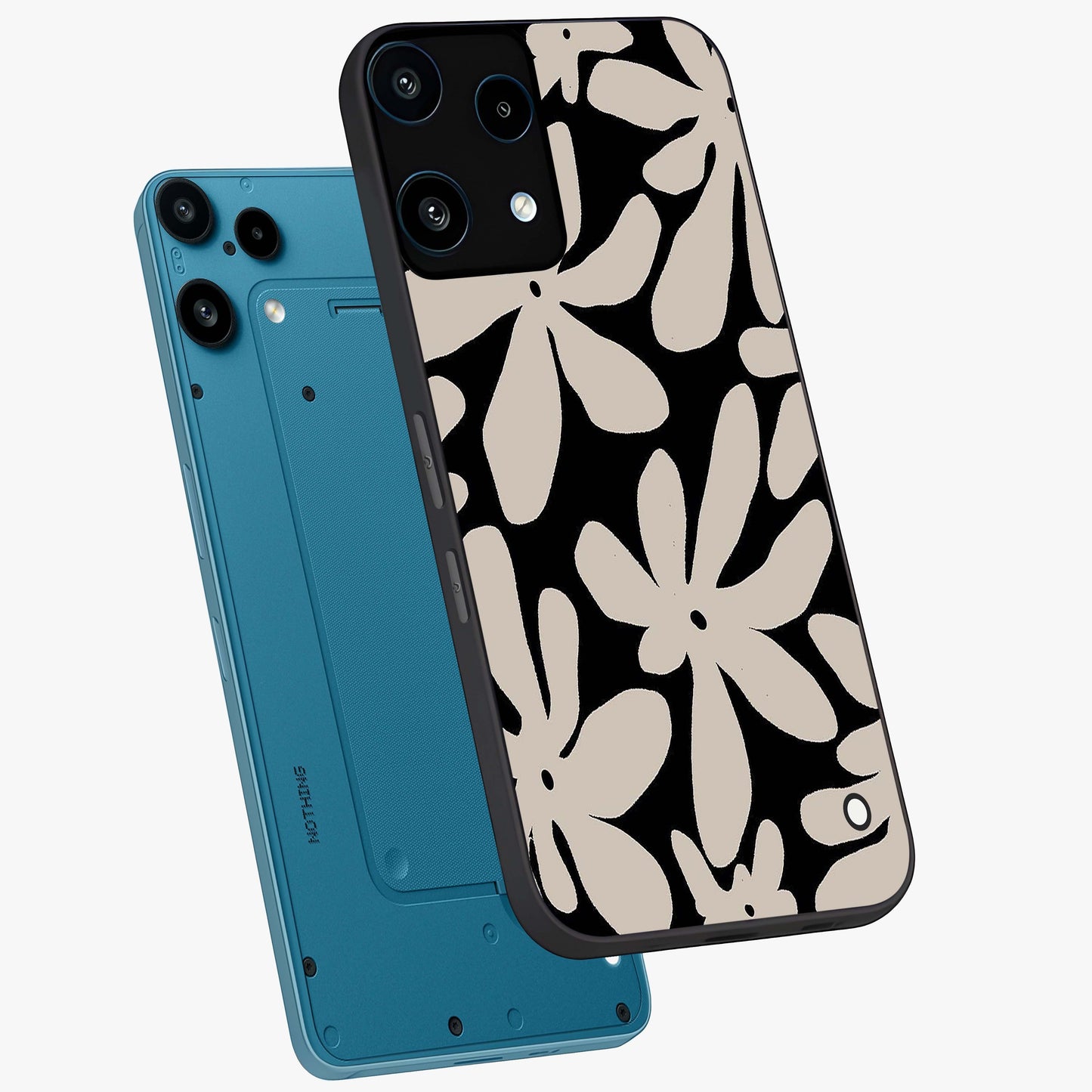 Monochrome Petal Dance Glass Case displayed in angled mockup highlighting elegant petal design with black and white aesthetic.