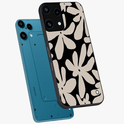 Monochrome Petal Dance Glass Case displayed in angled mockup highlighting elegant petal design with black and white aesthetic.