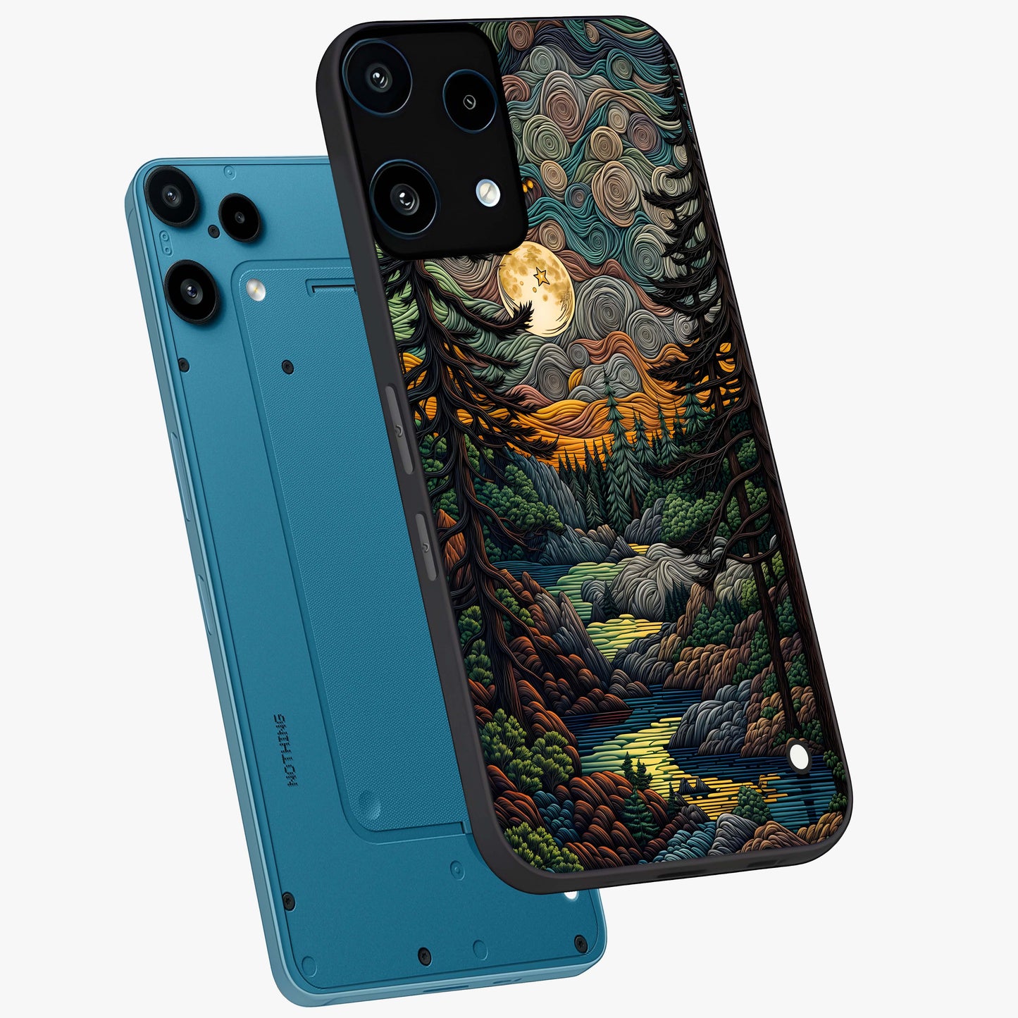Moonlight Forest Dream Glass Case displayed in angled mockup highlighting dreamy forest design with glowing moon aesthetic.