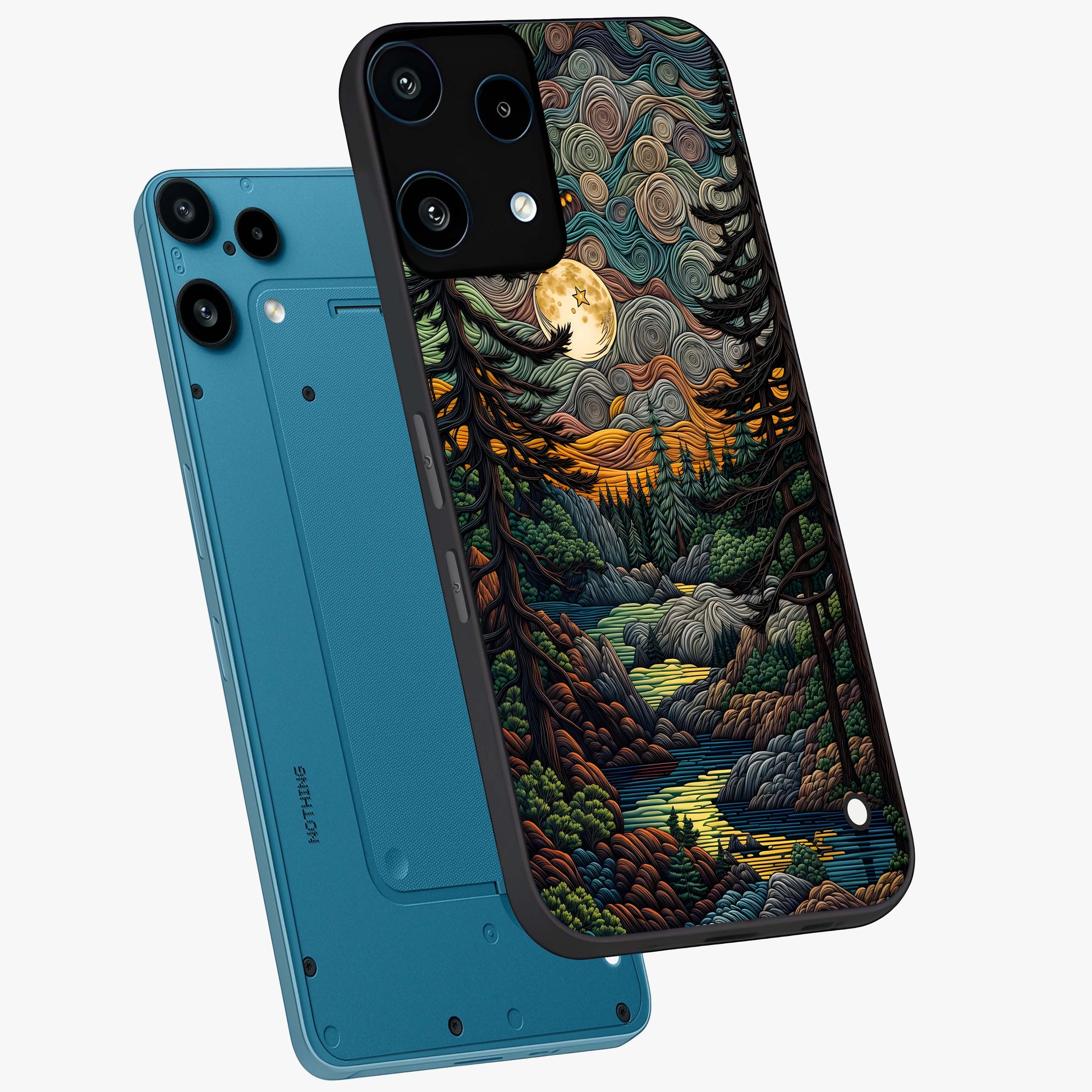 Moonlight Forest Dream Glass Case displayed in angled mockup highlighting dreamy forest design with glowing moon aesthetic.