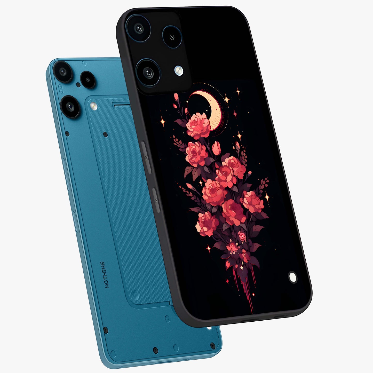 Moonlit Floral Elegance Glass Case displayed in angled mockup highlighting graceful flower design with soft moonlight aesthetic.