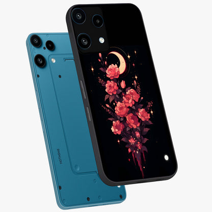 Moonlit Floral Elegance Glass Case displayed in angled mockup highlighting graceful flower design with soft moonlight aesthetic.