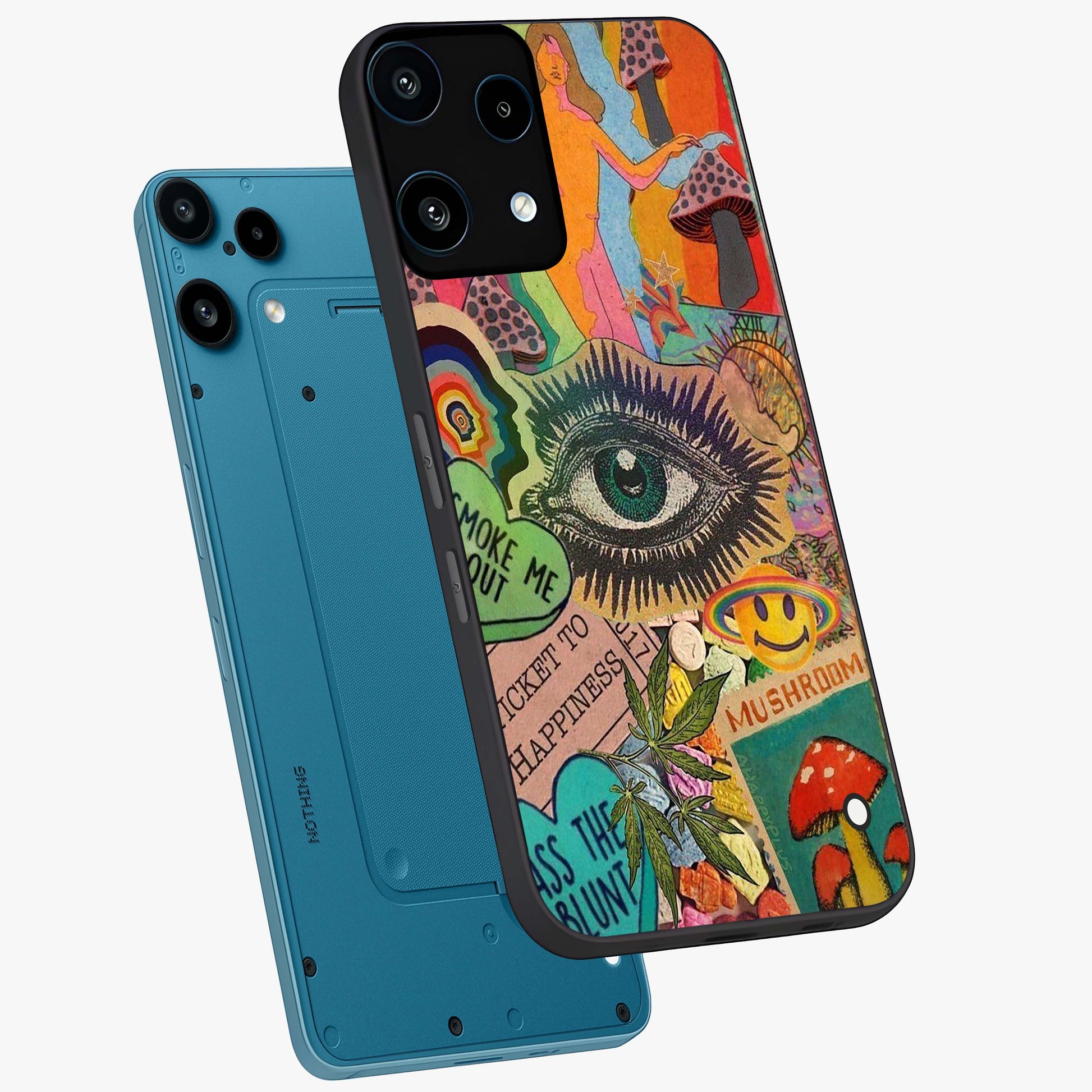 Mystic Eye Wonderland Glass Case displayed in angled mockup highlighting magical eye illustration with dreamy aesthetic.