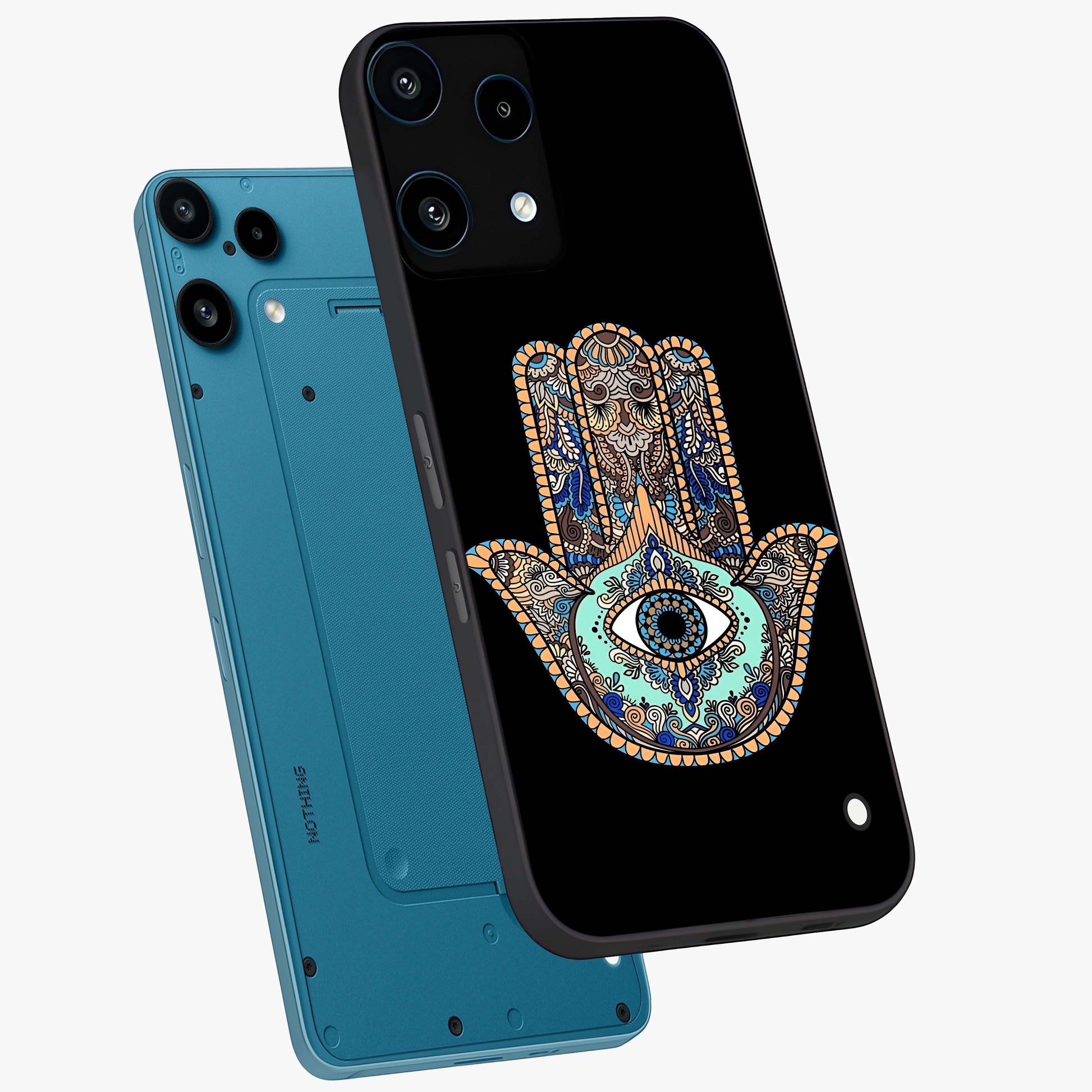 Mystic Hamsa Eye Glass Case displayed in angled mockup highlighting spiritual hamsa symbol with mystical aesthetic style.