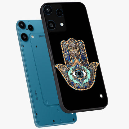 Mystic Hamsa Eye Glass Case displayed in angled mockup highlighting spiritual hamsa symbol with mystical aesthetic style.