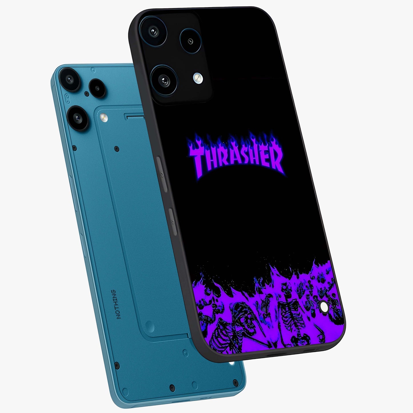 Neon Flame Riot Glass Case displayed in angled mockup highlighting glowing flame design with vibrant neon aesthetic.