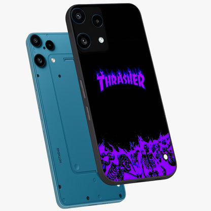 Neon Flame Riot Glass Case displayed in angled mockup highlighting glowing flame design with vibrant neon aesthetic.