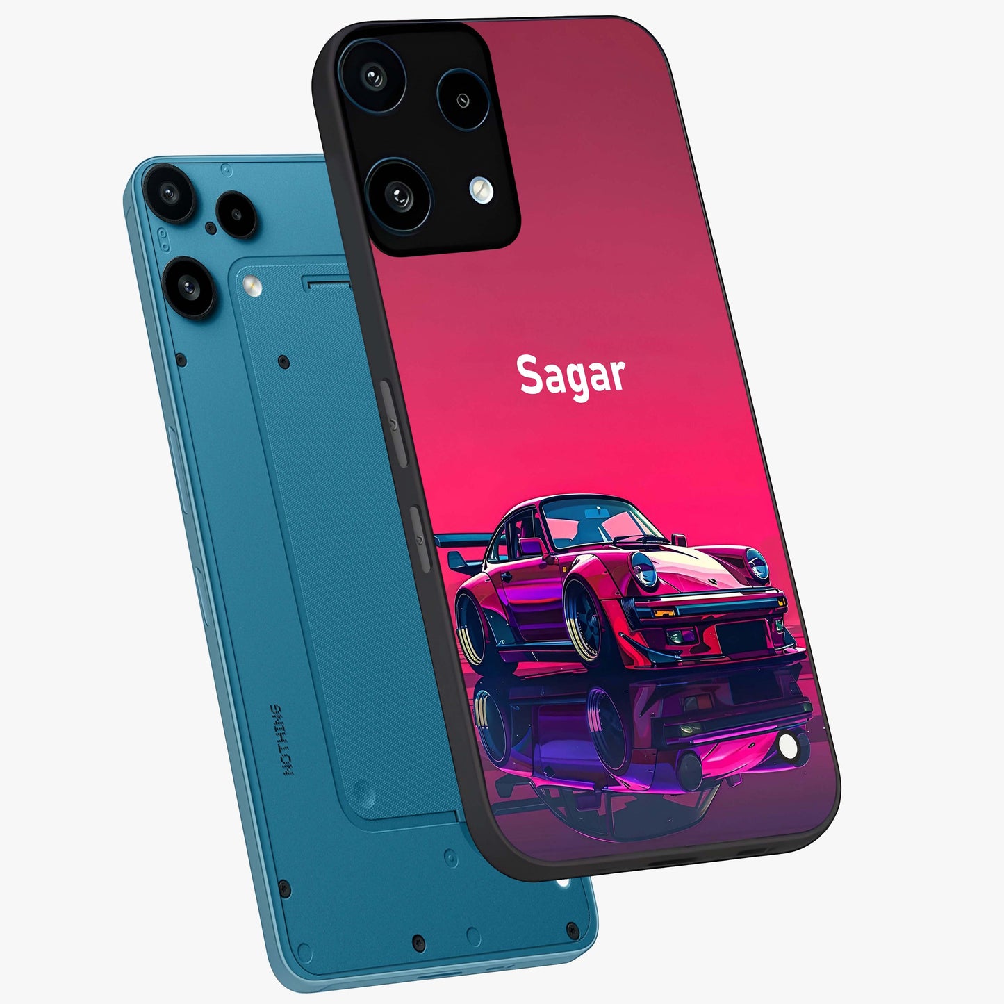 Neon Pink Porsche Glass Case displayed in angled mockup highlighting sleek neon pink car design with racing aesthetic.