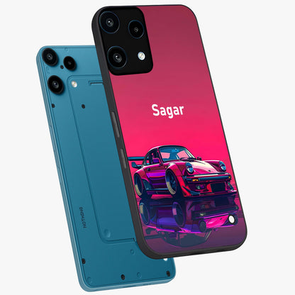 Neon Pink Porsche Glass Case displayed in angled mockup highlighting sleek neon pink car design with racing aesthetic.
