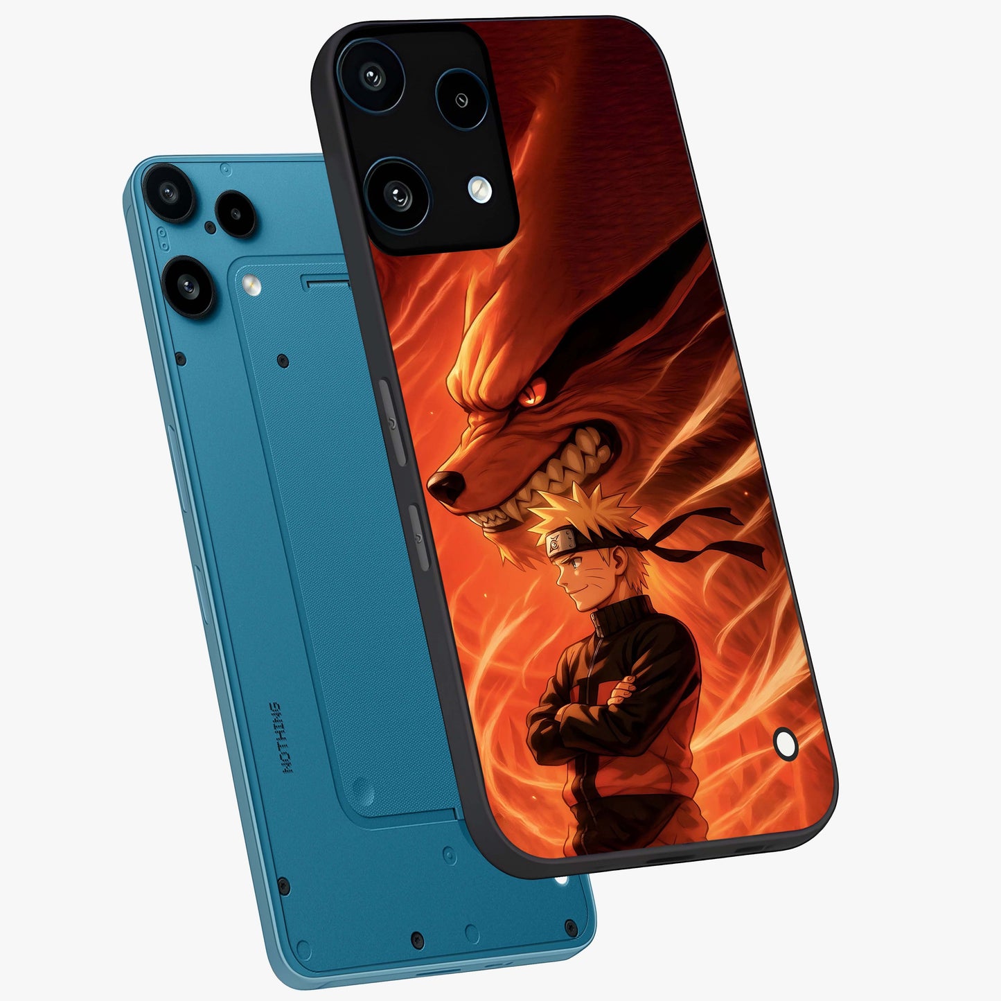 Nine Tails Legacy Glass Case displayed in angled mockup highlighting dynamic anime beast illustration with bold mystical aesthetic.