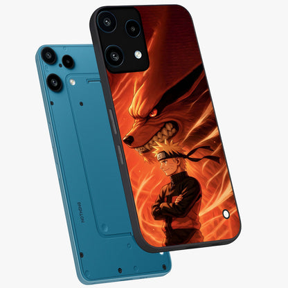 Nine Tails Legacy Glass Case displayed in angled mockup highlighting dynamic anime beast illustration with bold mystical aesthetic.
