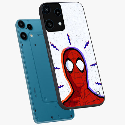 Omg Spiderman Glass Case displayed in angled mockup highlighting dynamic hero illustration with action comic aesthetic.