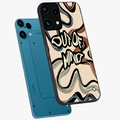 Out Of Mind Glass Case displayed in angled mockup highlighting bold statement design with modern artistic aesthetic.