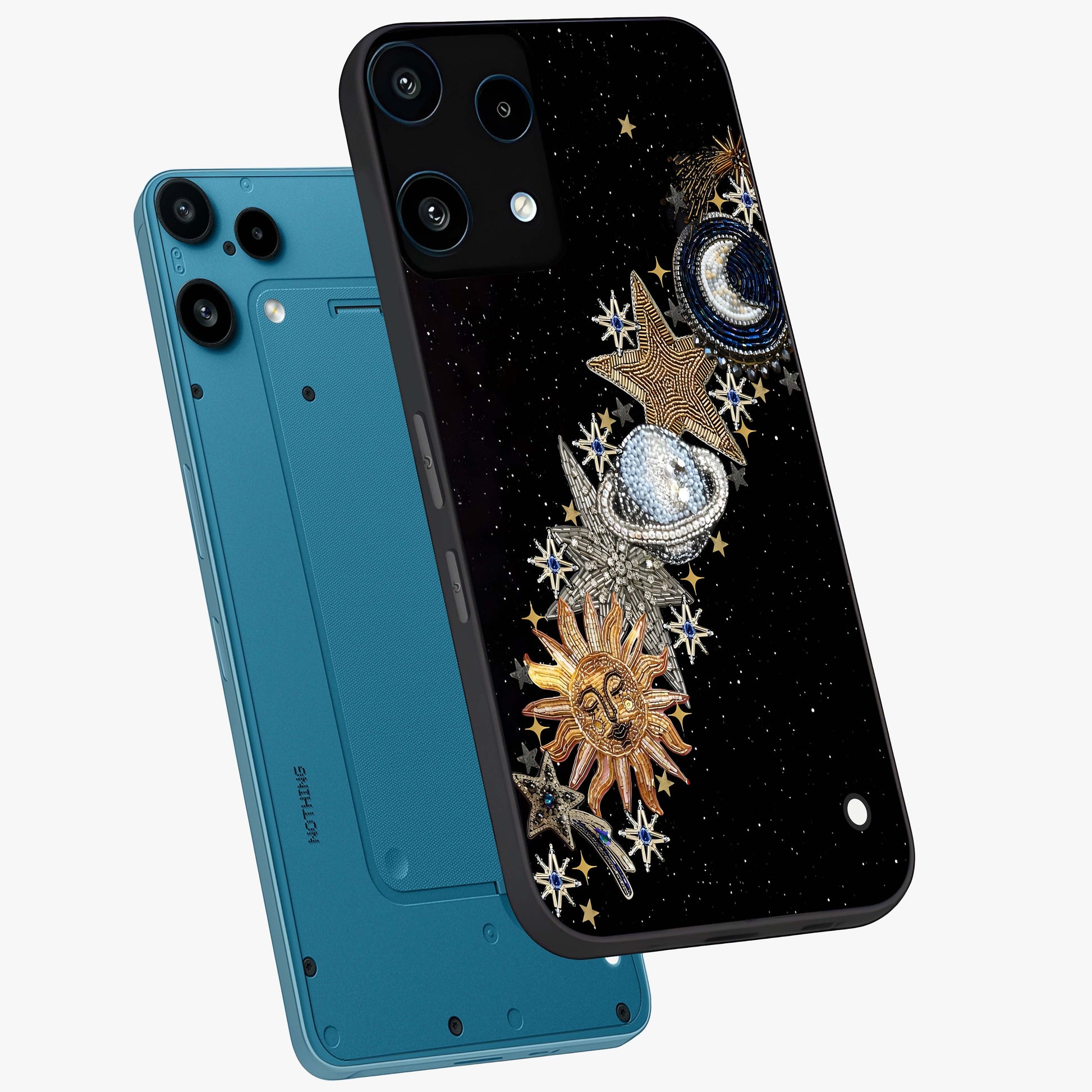 Pearls Universe Object Glass Case displayed in angled mockup highlighting celestial pearl design with dreamy aesthetic.