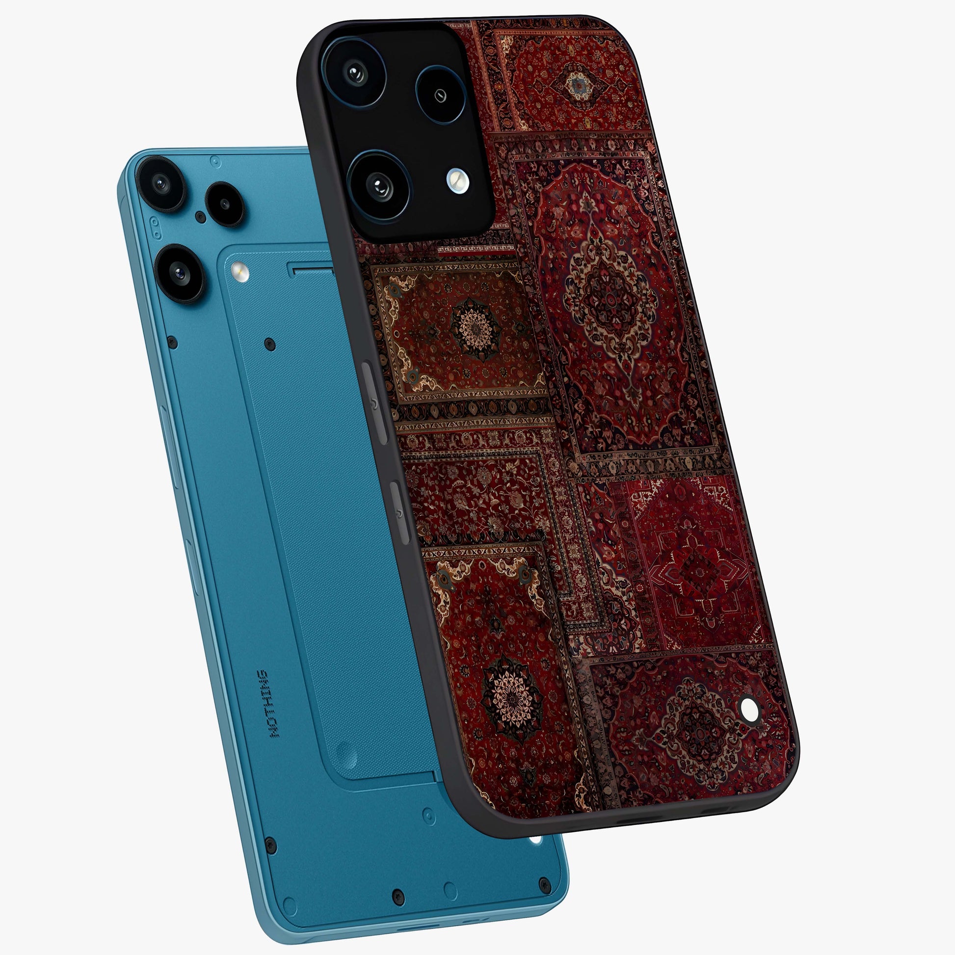 Persian Velvet Tale Glass Case displayed in angled mockup highlighting ornate textile inspired design with royal aesthetic.