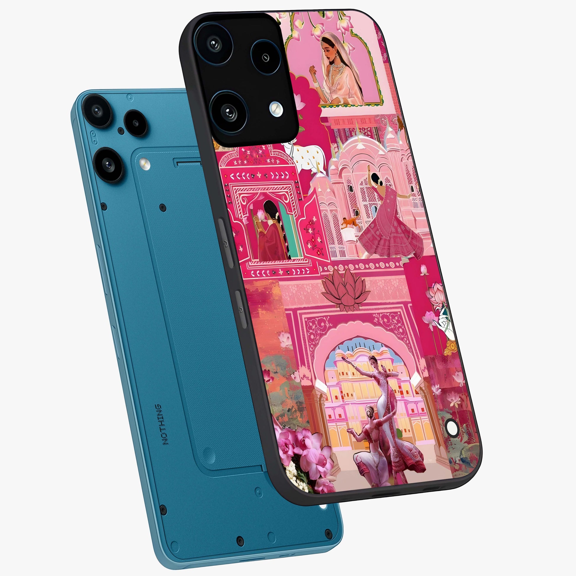 Pink Palace Muse Glass Case displayed in angled mockup highlighting dreamy palace illustration with soft pink aesthetic.