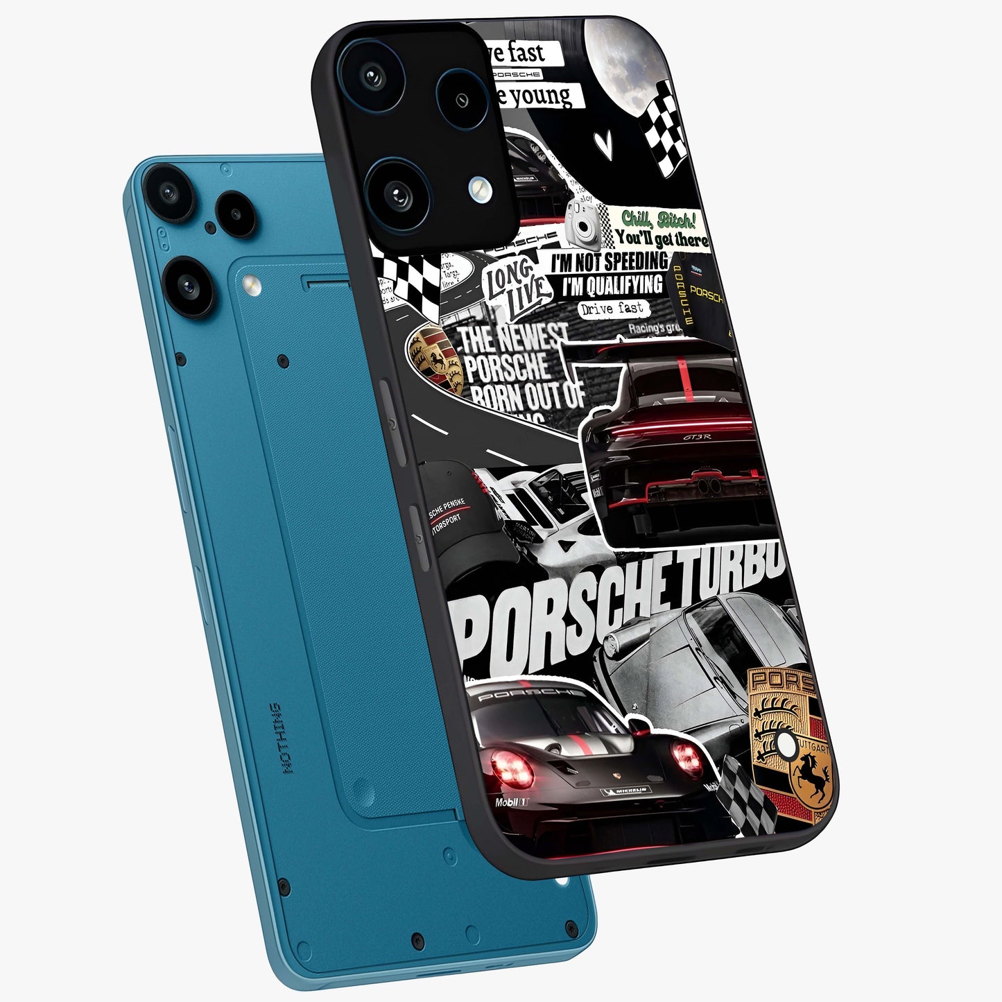 Porsche Racing Collage Glass Case displayed in angled mockup highlighting dynamic automotive design with bold racing aesthetic.