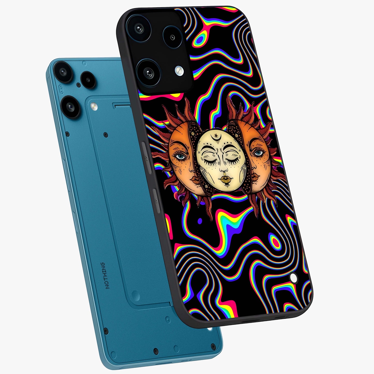 Psychedelic Sun Glass Case displayed in angled mockup highlighting vibrant abstract sun design with artistic aesthetic style.