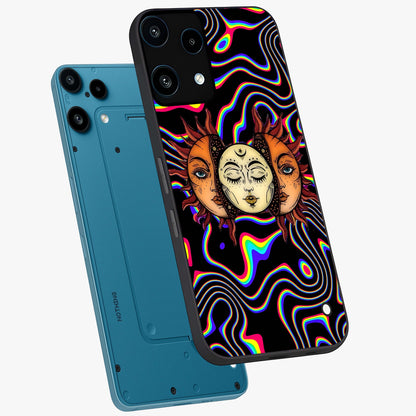 Psychedelic Sun Glass Case displayed in angled mockup highlighting vibrant abstract sun design with artistic aesthetic style.