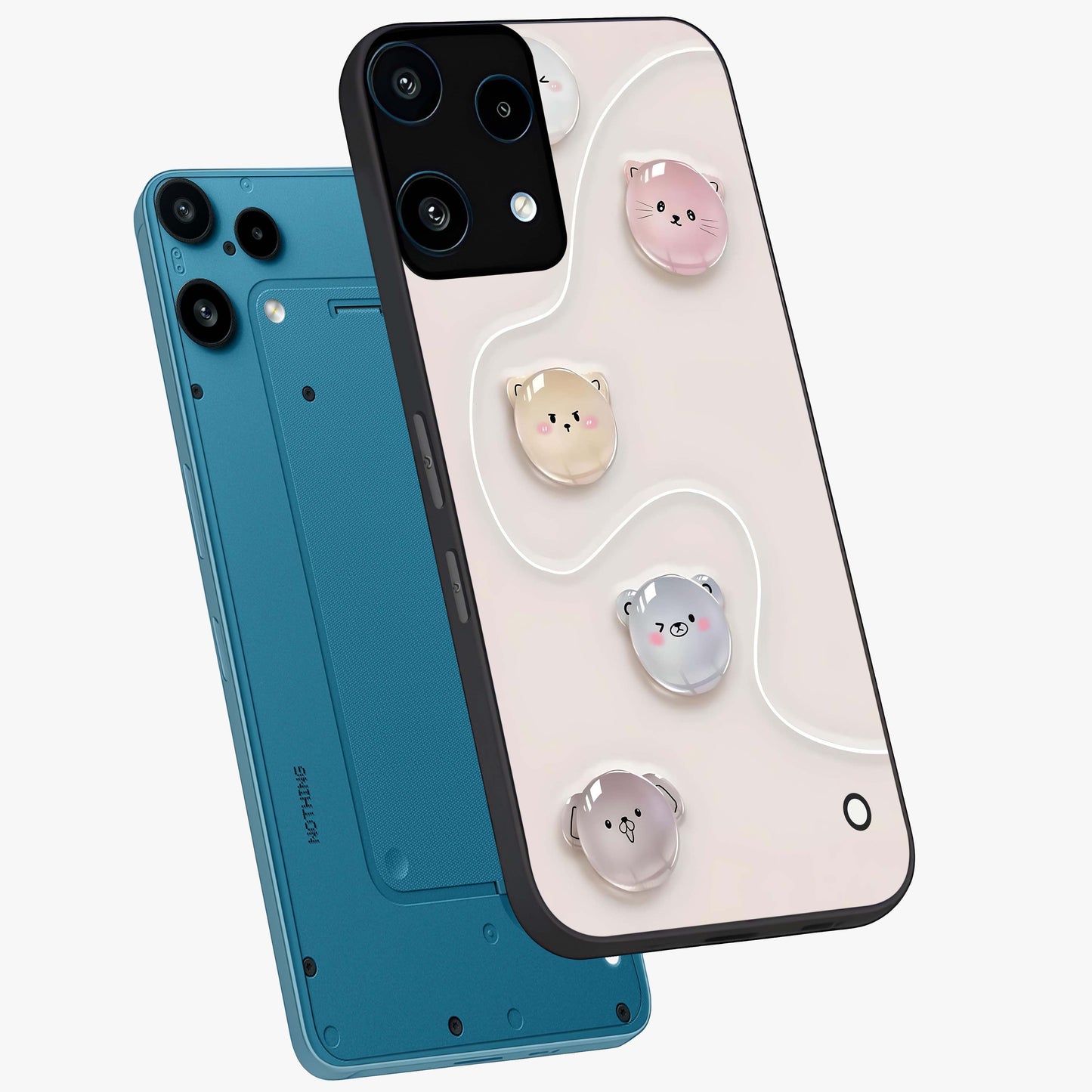 Puffy Face Parade Glass Case displayed in angled mockup highlighting playful cartoon face design with fun aesthetic.