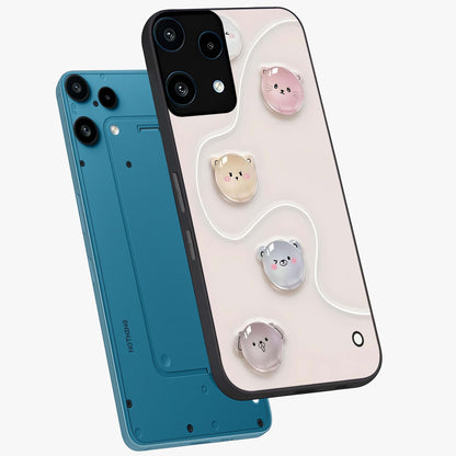 Puffy Face Parade Glass Case displayed in angled mockup highlighting playful cartoon face design with fun aesthetic.