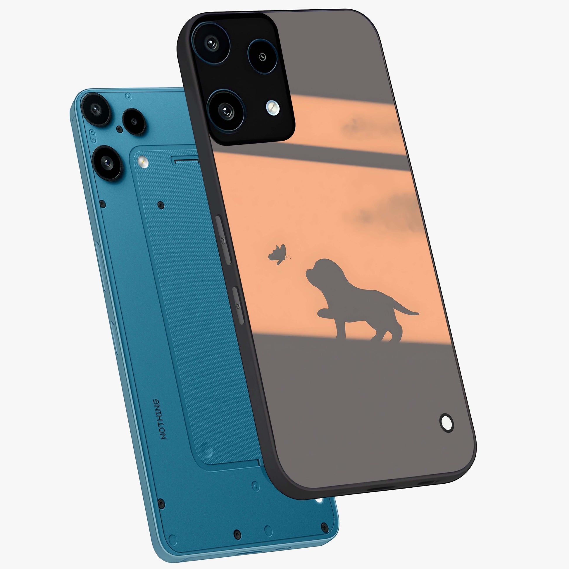 Puppy Shadow Art Glass Case displayed in angled mockup highlighting playful dog illustration with artistic shadow aesthetic.