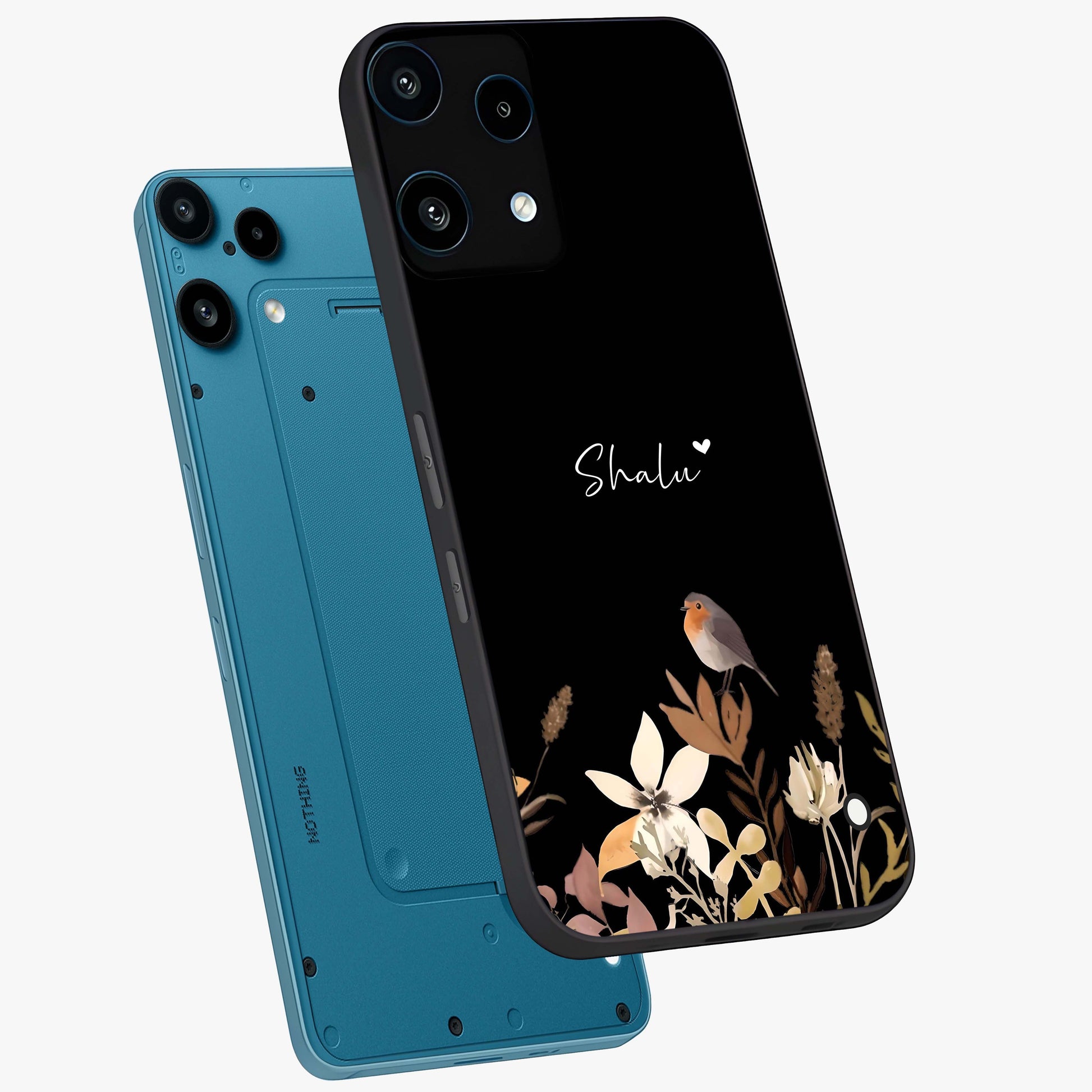 Quiet Garden Tune Custom Name Glass Case displayed in angled mockup highlighting delicate floral garden design with custom name feature.