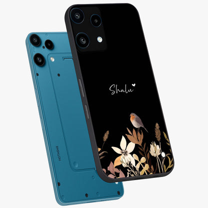 Quiet Garden Tune Custom Name Glass Case displayed in angled mockup highlighting delicate floral garden design with custom name feature.