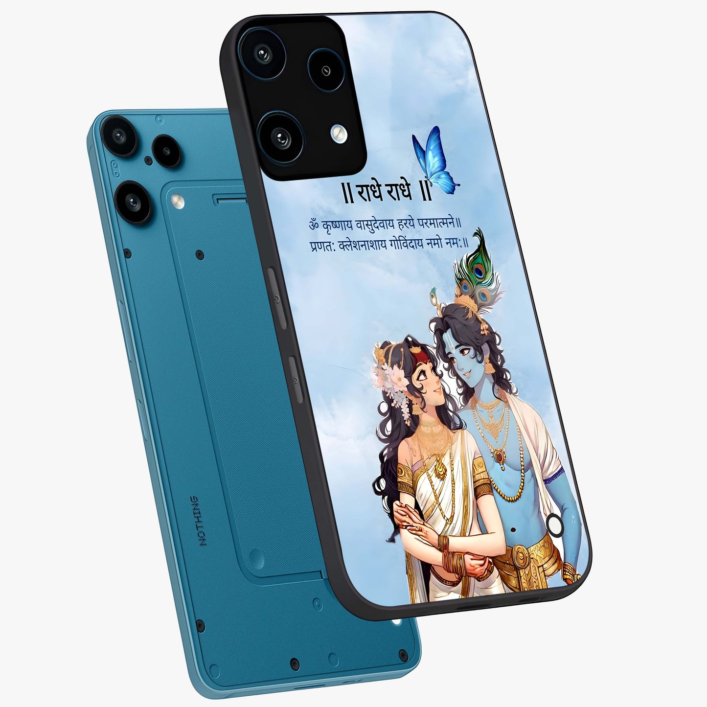 Radha Krishna Eternal Glass Case displayed in angled mockup highlighting divine Radha Krishna illustration with spiritual aesthetic.