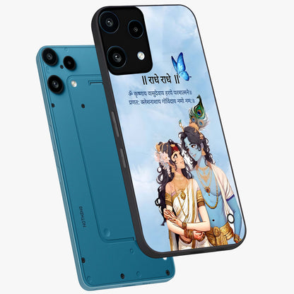 Radha Krishna Eternal Glass Case displayed in angled mockup highlighting divine Radha Krishna illustration with spiritual aesthetic.