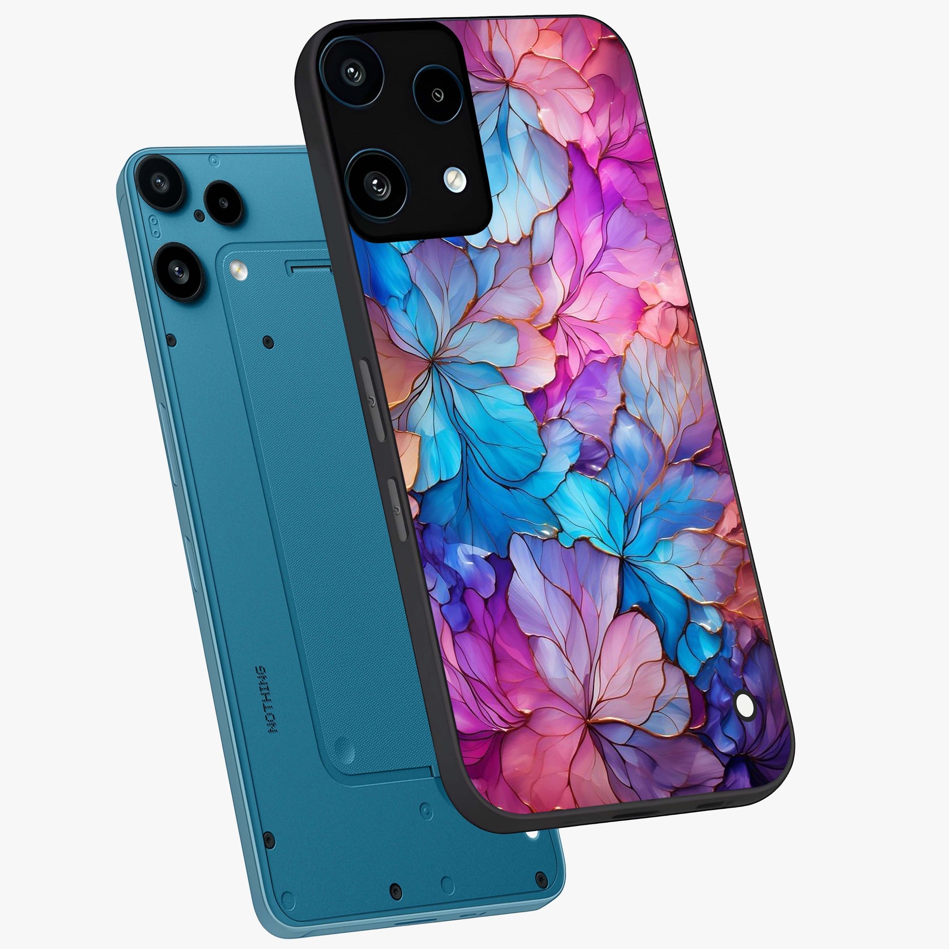 Radiant Floral Whirl Glass Case displayed in angled mockup highlighting vibrant flower pattern with dynamic artistic aesthetic.