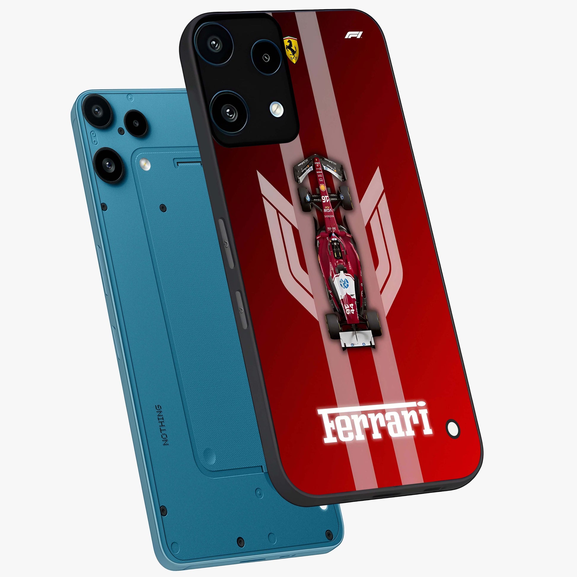 Red Ferrari F1 Vertical Glass Case displayed in angled mockup highlighting high speed racing design with bold automotive aesthetic.