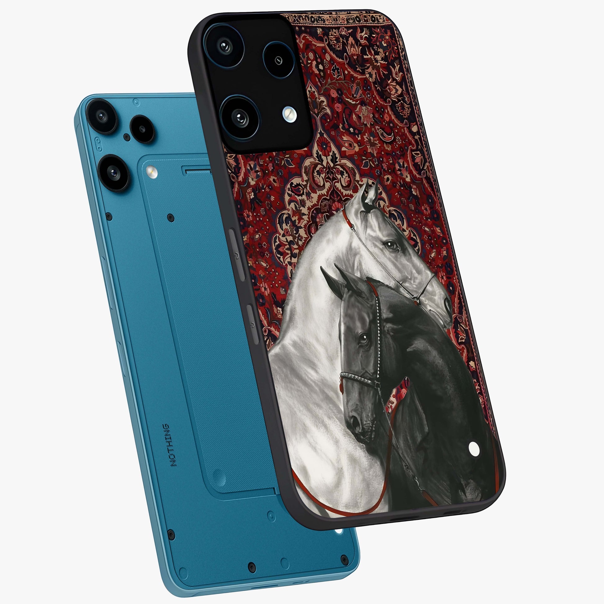 Regal Stallion Tapestry Glass Case displayed in angled mockup highlighting royal stallion design with decorative heritage aesthetic.