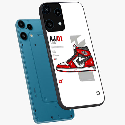 Retro Sneaker Blueprint Glass Case displayed in angled mockup highlighting detailed shoe design with sporty retro aesthetic.