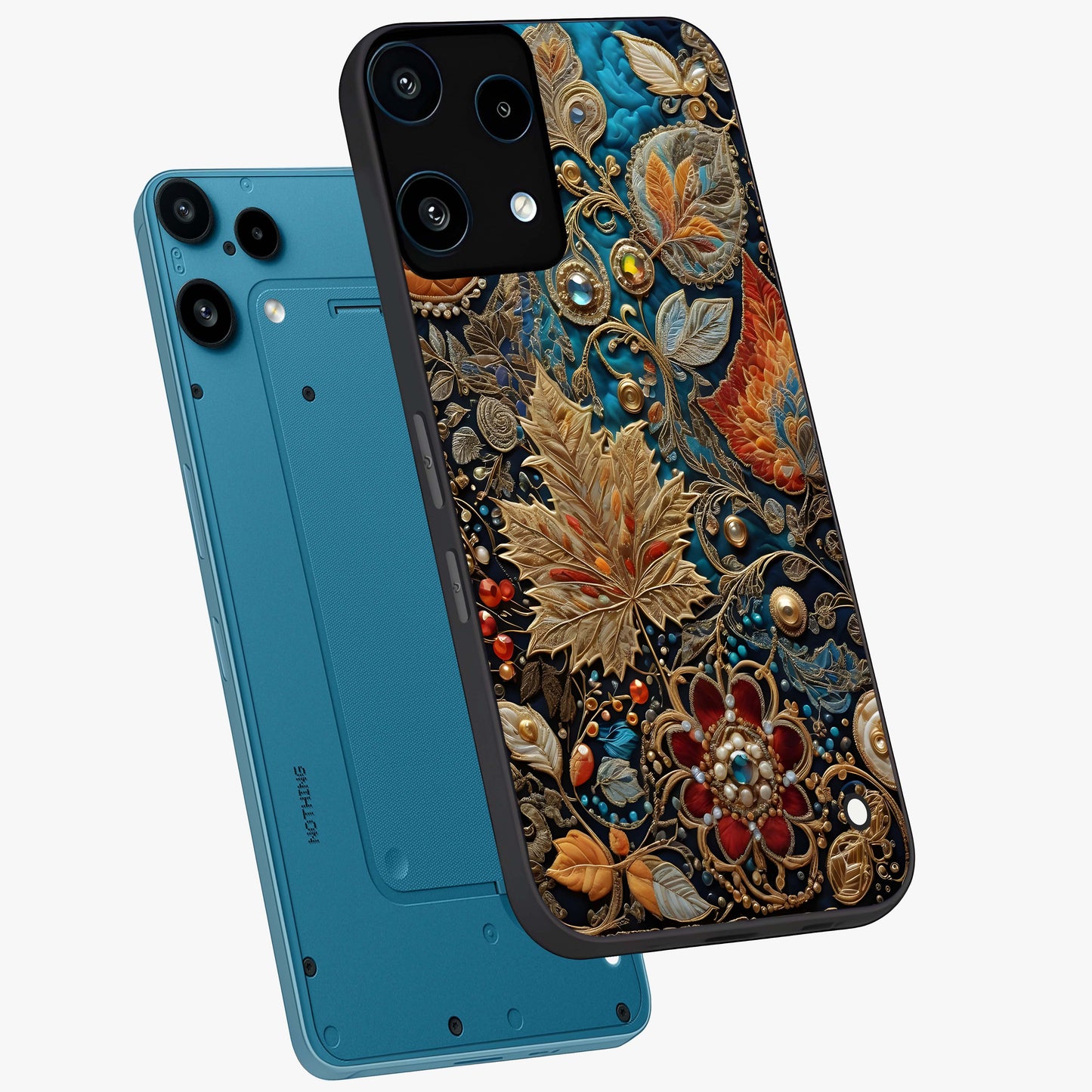 Royal Jewel Garden Glass Case displayed in angled mockup highlighting vibrant jewel inspired floral design with elegant aesthetic.