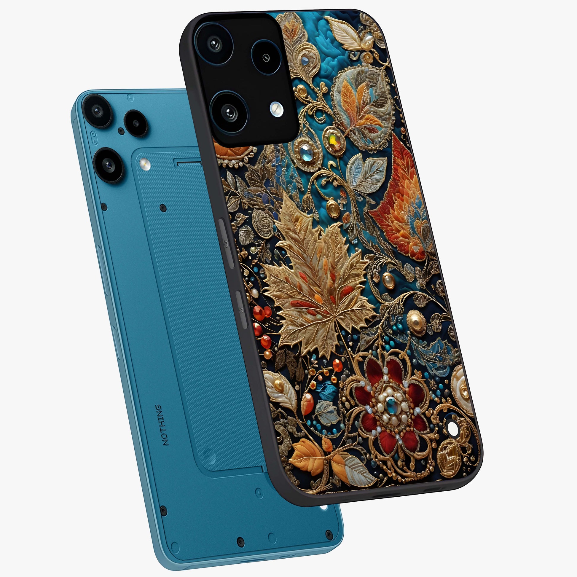 Royal Jewel Garden Glass Case displayed in angled mockup highlighting vibrant jewel inspired floral design with elegant aesthetic.