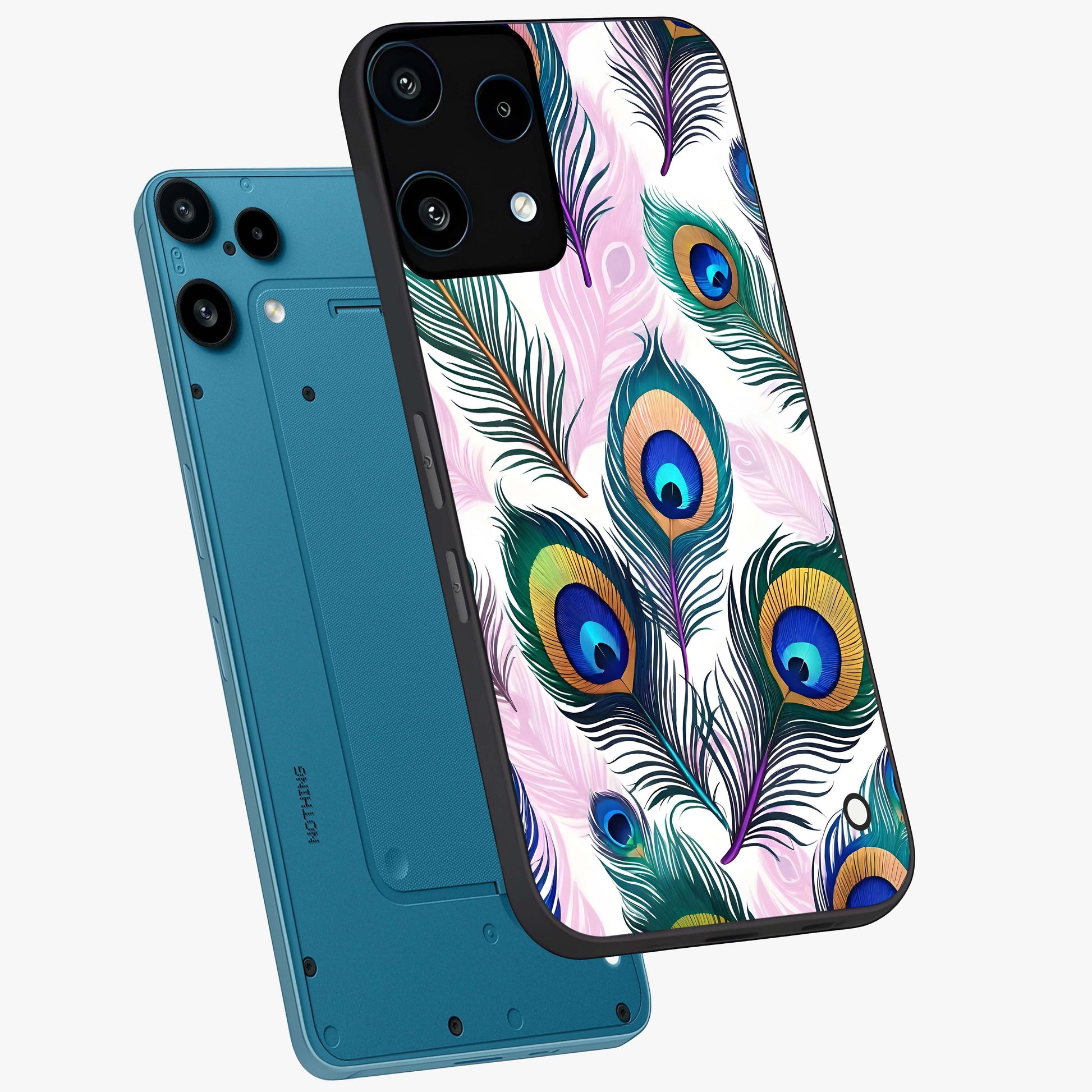 Royal Peacock Feathers Glass Case displayed in angled mockup highlighting vibrant feather pattern with regal aesthetic style.