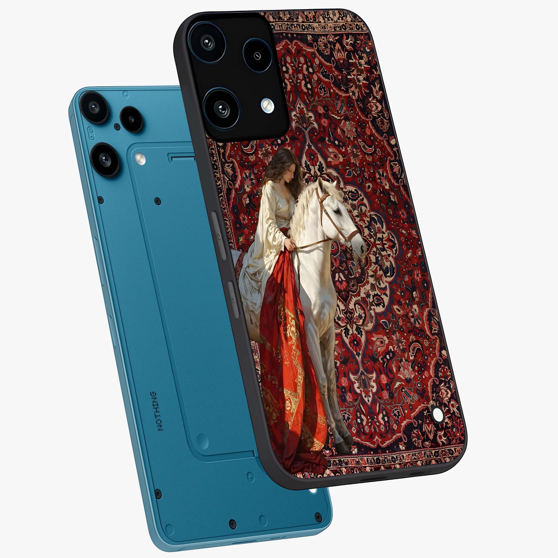 Royal Rider Tapestry Glass Case displayed in angled mockup highlighting traditional tapestry design with royal heritage aesthetic.