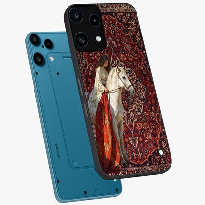 Royal Rider Tapestry Glass Case displayed in angled mockup highlighting traditional tapestry design with royal heritage aesthetic.