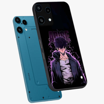 Shadow Monarch Awakening Glass Case displayed in angled mockup highlighting dramatic shadow warrior design with fantasy aesthetic.