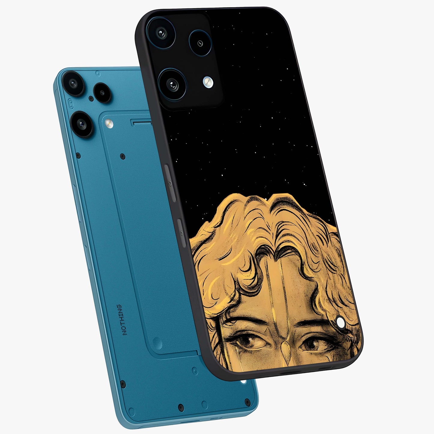 Shri Krishna Art Glass Case displayed in angled mockup highlighting spiritual Krishna illustration with divine aesthetic.