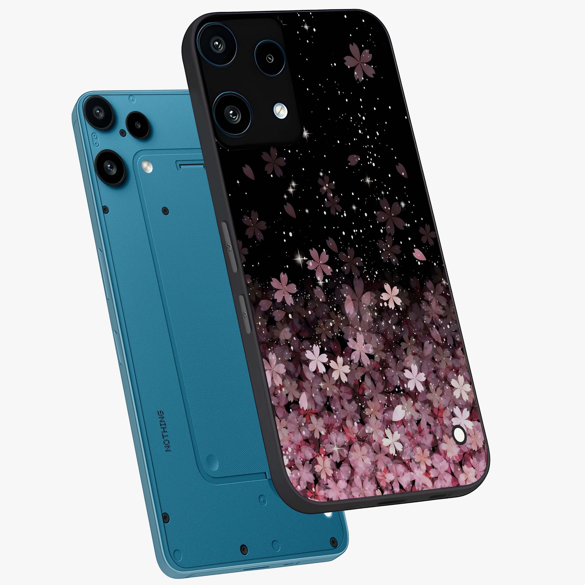 Small Starry Flowers Glass Case displayed in angled mockup highlighting tiny flower pattern with celestial aesthetic style.