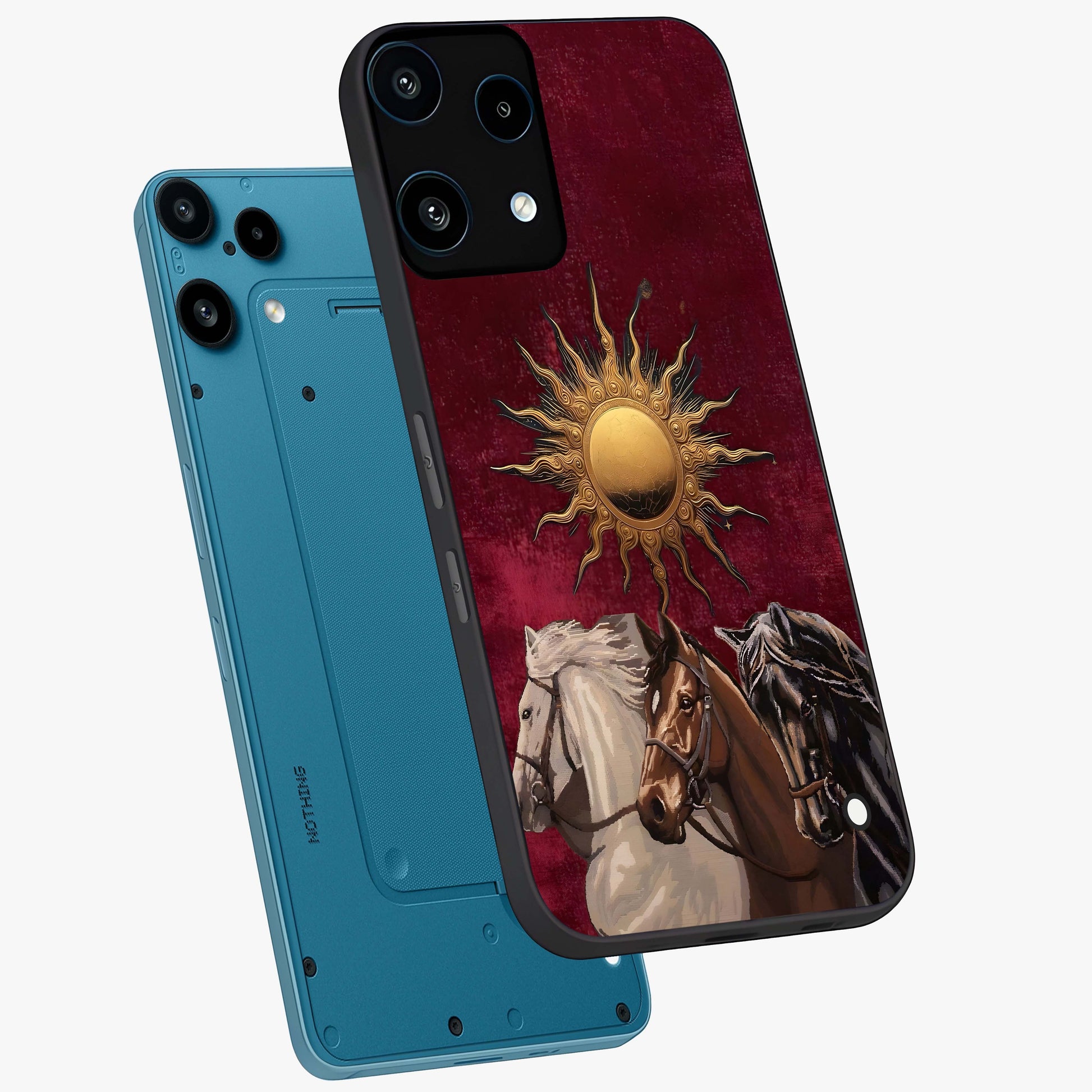 Solar Riders Glass Case displayed in angled mockup highlighting powerful rider illustration with radiant solar aesthetic.