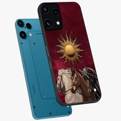 Solar Riders Glass Case displayed in angled mockup highlighting powerful rider illustration with radiant solar aesthetic.