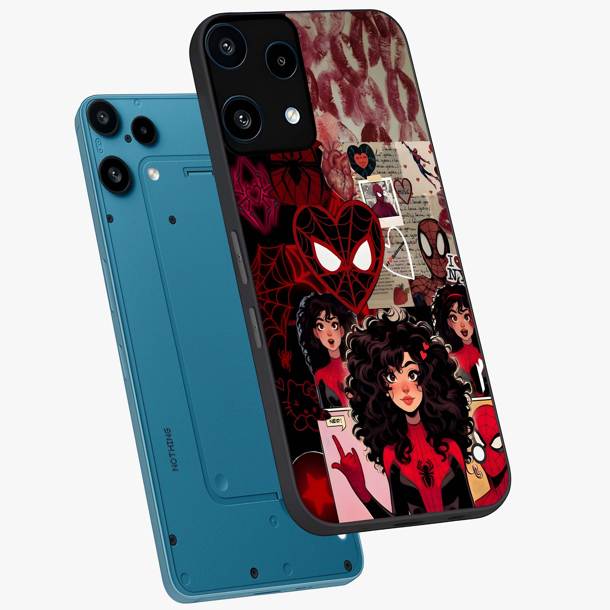 Spider Love Story Glass Case displayed in angled mockup highlighting expressive comic inspired design with playful aesthetic.