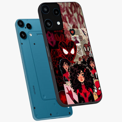 Spider Love Story Glass Case displayed in angled mockup highlighting expressive comic inspired design with playful aesthetic.
