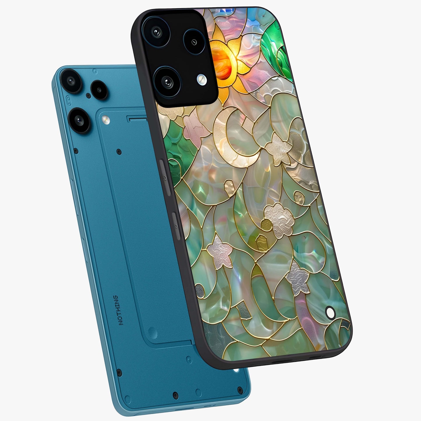 Stained Sunrise Glow Glass Case displayed in angled mockup highlighting radiant sunrise design with artistic aesthetic style.