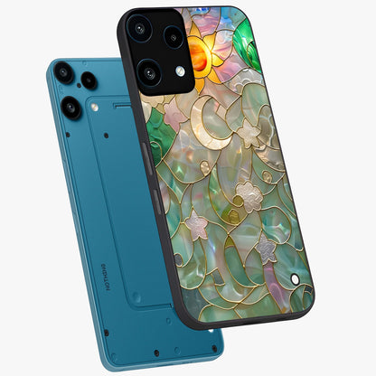 Stained Sunrise Glow Glass Case displayed in angled mockup highlighting radiant sunrise design with artistic aesthetic style.