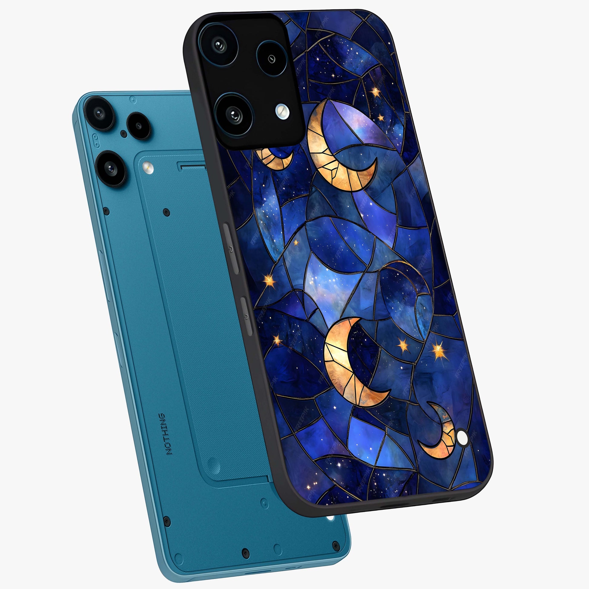 Starlit Sky Tapestry Glass Case displayed in angled mockup highlighting celestial night pattern with artistic aesthetic style.