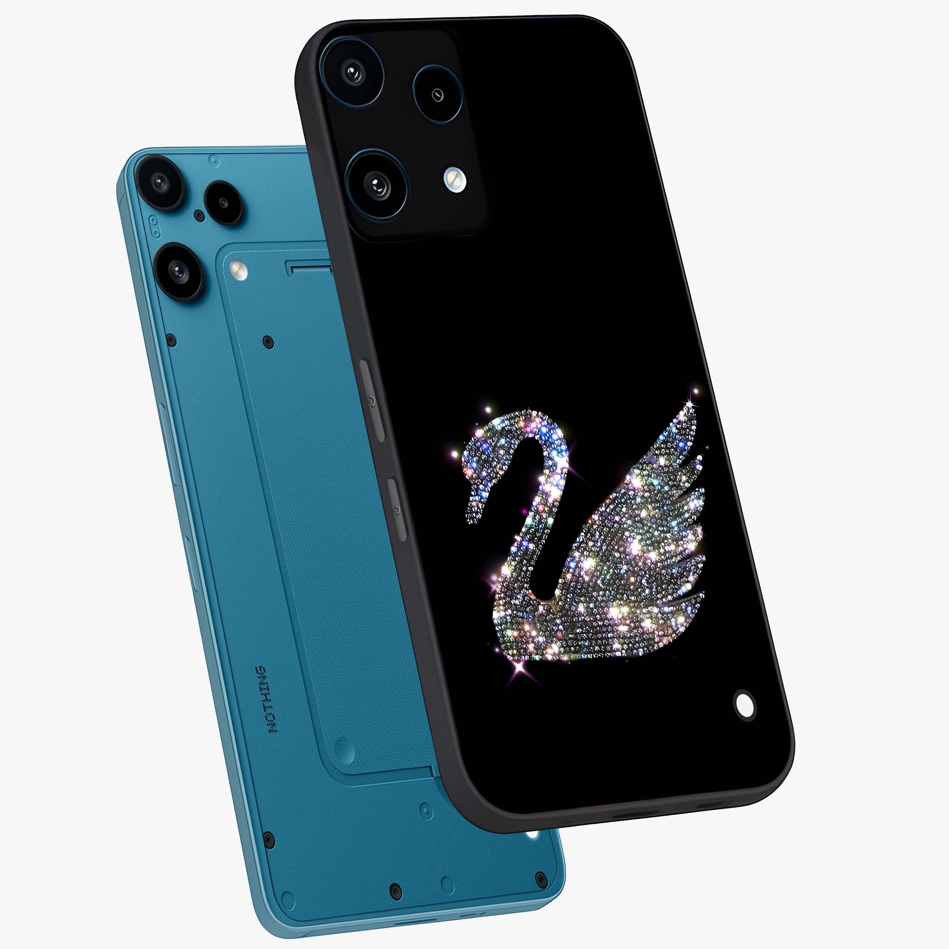Starlit Swan Grace Glass Case displayed in angled mockup highlighting elegant swan illustration with dreamy celestial aesthetic.